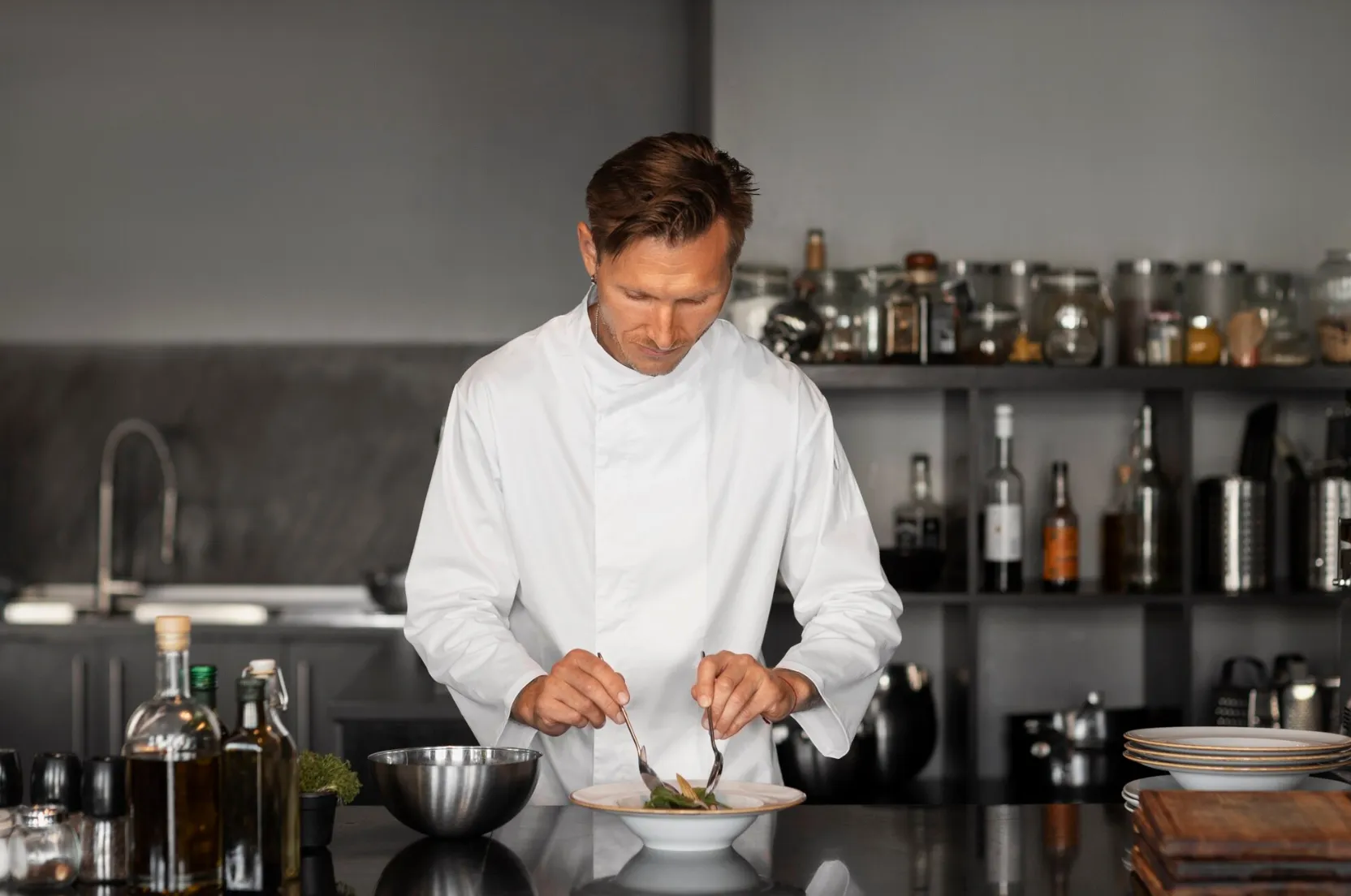 A private chef preparing a meal in a luxurious home kitchen